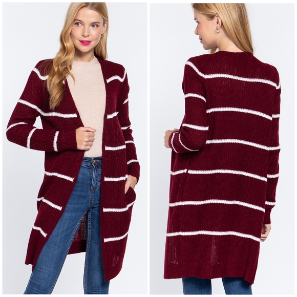 LAST ONE❗Cozy Chic Rich Burgundy Striped Longline Open… - Picture 2 of 7